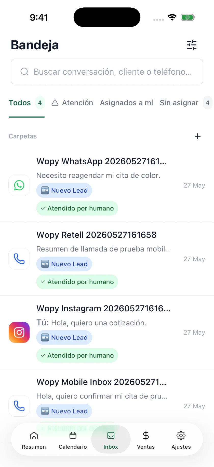 Inbox de SalonWop en iPhone